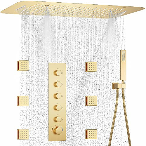 AYIVG Gebürstetes Gold Multifunktions-Regenduschsystem mit 6 Stück Duschstrahl 3 Funktionen Duschkopfsystem Große 40,6 x 61 cm Decke Regendusche mit Thermostat-Rohventil und Handbrause