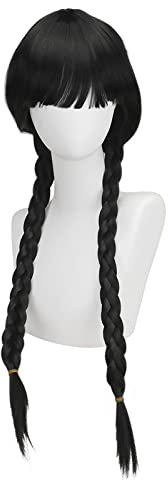 Wednesday Wig Women Girls Long Black Braids Wig with Bangs Long Pigtails Wig for Wednesday Costume Halloween Wig