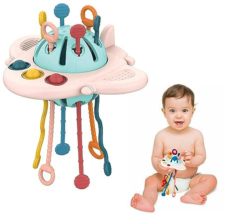 MYDOVA Montessori Spielzeug, Kinderspielzeug ab 1 Jahr, Sensorik Spielzeug Baby, Beißring Baby, Silikon Zugschnur, Form des Flugzeugs, Aufhängbar, Lernspiele für Babys ab 18+ Monaten