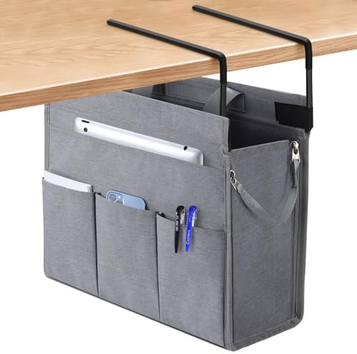 MASTLU Under Desk Hanging Magazine and File Storage Bag, Office Side Storage Bag, Compatible with A4 Files, Detachable Handle Design, No Assembly Required, For Office Home School (Grey)