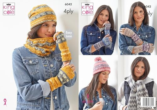 King Cole 4 Ply Knitting Pattern - 6042 Slouch Hat, Snood, Hand Warmers, Hat with Pom Pom, Scarf, Hand Warmers(Short), Hand Warmers (Long)