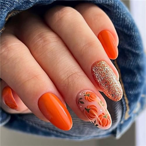 Thanksgiving Day Pumpkin Fake Nail Short Oval Orange Press on Nails Tips Nail Art Decoration for Women and Girls Manicure 24pcs
