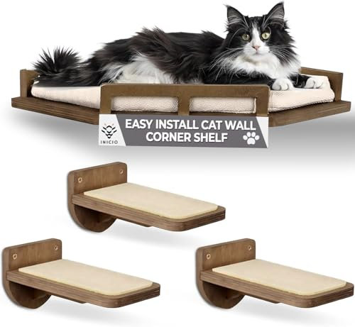 INICIO Cat Wall Shelves - Safe and Sturdy Cat Wall Furniture - Stylish Birch Wood Corner Shelf with 3 Steps for Cats up to 8kg - Padded Perch and Stairs for Climbing and Playing