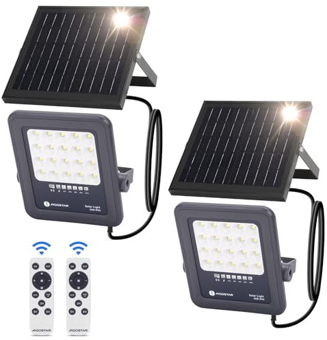 Aigostar Foco proyector LED solar con control remoto,Focos solare de 50W,500LM,luz blanca fría de 6500K,IP65 impermeable Luz solar exterior,para jardín,terrazas,garajes,cable de 2M,Paquete de 2