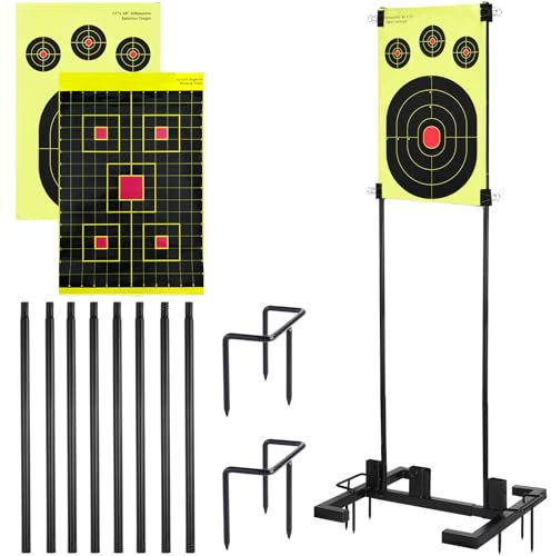 Adjustable Shooting Target Stand Set With 10 Paper Targets, Two Mounting Options for Outdoors, Stable Holder With Metal Poles and Ground Nails (Black)