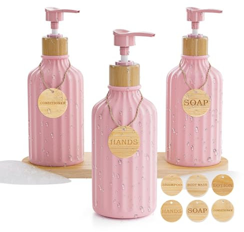 Shampoo and Conditioner Dispenser Set of 3, 16OZ Pink Refillable Shampoo and Conditioner Bottles Extra-Thick Plastic Empty Body Wash Dispenser with Pump and Tray Tags Bathroom Shower Soap Dispenser