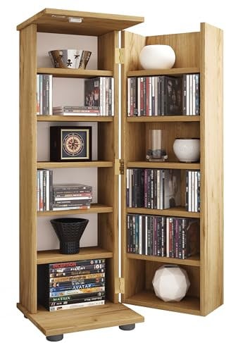 VCM Holz CD DVD Stand Regal | platzsparender CD Schrank mit abschließbarer Holztür für 300 CDs oder 130 DVDs oder 72-Videos | Maße: H. 93 x B. 31 x T. 31 cm | 10 Variable Einlegeböden – Engalo L