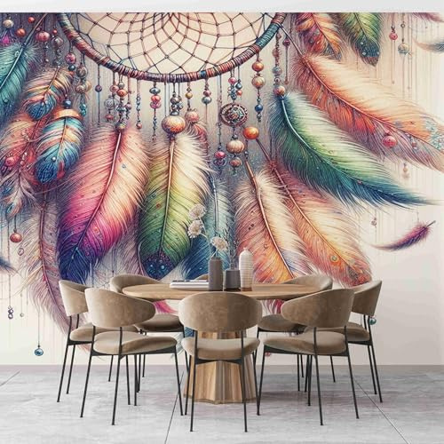 Traumfänger-Traum Fototapete Panorama Wandbild Bunte Federn Art Fototapete Wandtapete Wohnzimmer Kinderzimmer Wanddeko Vlies Tapeten Poster TV Hintergrund Wandbilder 350x256 cm