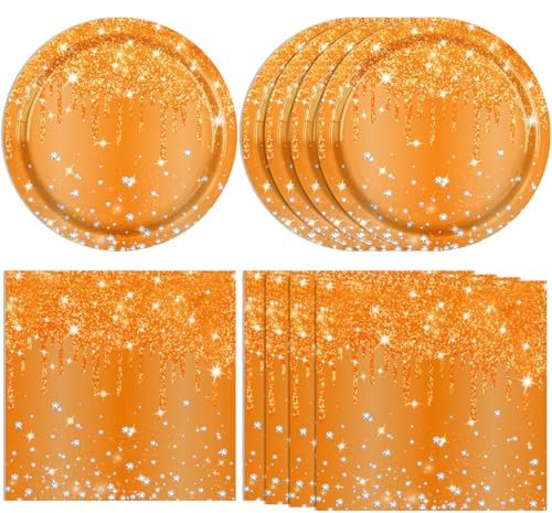 40 PCS Orange Birthday Decorations - Diamond Theme Birthday Tableware Party Supplies Include Orange Plates and Napkins for Women Men Party Supplies