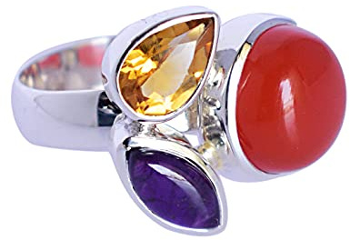 Natürlicher Karneol, Rosenquarz, Aquamarin, Peridot Edelstein 925 Sterling Silber Statement Ring mit Lünettenfassung 54 (17.2) Geschenk