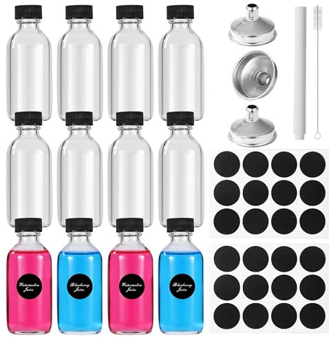 12 Mini Bouteille Verre,Bouteilles Miniatures Réutilisables 60ml,Petite Bouteille en Verre Vide avec entonnoir,étiquette,brosse de nettoyage et stylo blanc,pour les huiles essentielles,le gingembre et