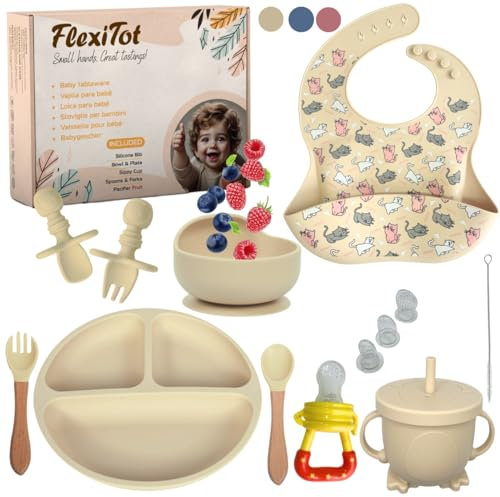 FlexiTot | Set tavola con ventosa per bambino – Kit svezzamento prima pappa e autosvezzamento, bicchiere con manici, babero impermeabile, contenitore frutta, cucchiaio silicone | +6 mesi | Beige