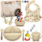 FlexiTot - Vajilla bebe silicona antideslizante | Cubiertos bebe, Plato y bol con ventosa, vaso, babero ajustable y chupete fruta bebe | Ideal para BLW y alimentación complementaria |Beige | +6 meses