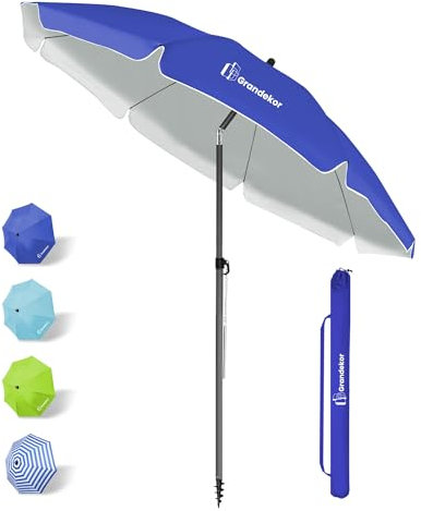 Grandekor Parasol de plage, parasol de jardin exterieur, UV50+, Ombrelle réglable en hauteur et inclinaison, Avec ancre de plage de 12cm, Pour plage, balcon & terrasse, 180cm, Bleu