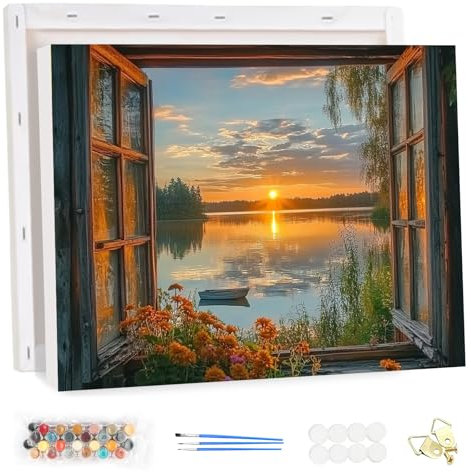HEIBAGO Peinture Numero Adulte avec Cadre pour Débutants, Fenêtre Kits de Peinture par Numéros pour Adult, DIY Paysage Peinture à l'huile par Numéros Kits pour la Décoration Intérieure Maison 20x30cm