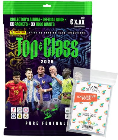 Bundle mit Top Class Pure Football 2025 - Trading Cards - 1 Starter + Exklusive Collect-it Hüllen, Sammelmappe, Spielfeld, 3 Booster mit je 8 Karten + 2 Limitierte Karten