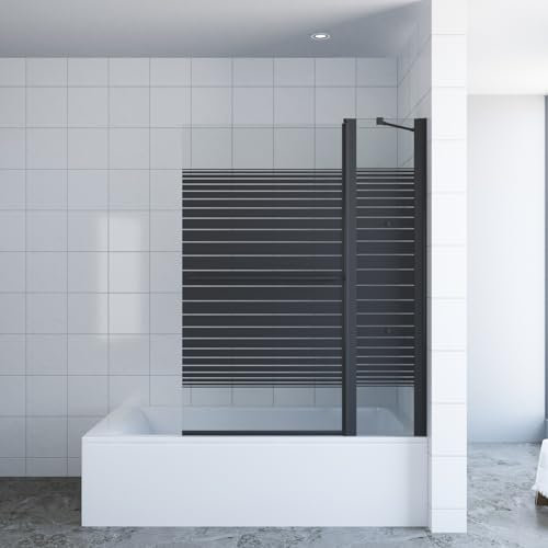 Duschabtrennung für Badewanne Schwarz 110 x 140 cm Badewannenaufsatz Duschtrennwand Faltwand Badewannenfaltwand Duschwand Glas Dusche Festteil mit Eckregale 5 mm Sicherheitsglas NANO AQUABATOS