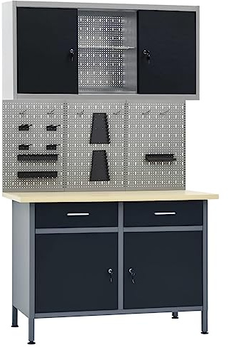 HUAKEHOM Werkbank mit 3 Werkzeugwänden 1 Wandschrank Werkzeugschrank Werktisch Montagewerkbank Hängeschrank Lochwand Werkstatteinrichtung
