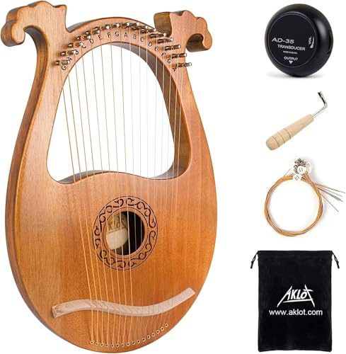 Lyre Harp,AKLOT 16 Metal Strings Harp Deer Head Solid Okoume lyra with Tuning Wrench Spare Strings and Black Gig Bag