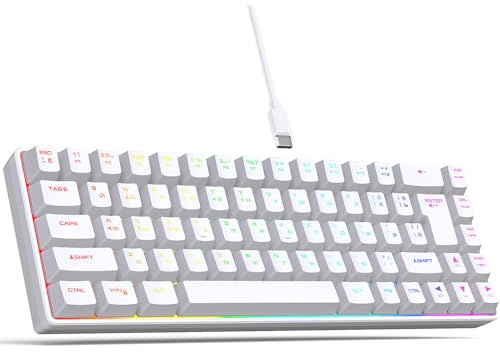 Tosuny 60% Clavier de Jeu Mécanique - Double Langue Anglaise Russe, 68 Touches Clavier rétro-éclairé RVB Filaire, Clavier de Jeu Ergonomique Hot Swappable et Ergonomique pour (White)