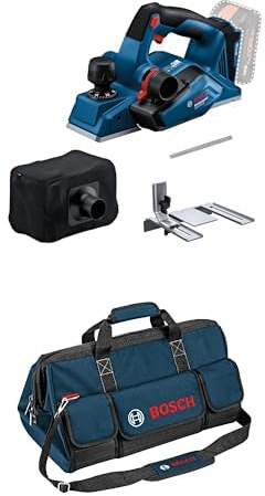 Bosch Professional 18V System Akku Hobel GHO 18V-26 (bürstenloser Motor, inkl. Staubbeutel, Parallelanschlag, 1x Wood Razor Wendemesser) + Bosch Professional Handwerkzeugtasche Größe L