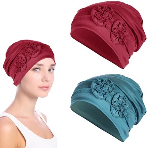 mtuihfo 2pcs Chemo Headwear for Women, Flower Design Soft Beanie Hats, Sleep Caps Cancer Headwear with Hair Loss (Wine Red + Deep Blue)