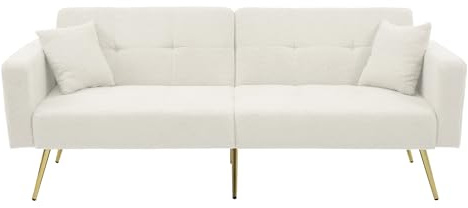 BTM Kleines Wohnzimmer Sofa Schlafsofa Klappsofa mit Schlaffunktion Verstellbarem Winkel Schlafsofa Couch 2 Sitzer mit Kissen Weiß
