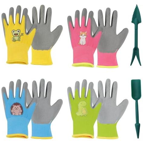 Wulshome 4 Paar Gartenhandschuhe Kinder 1 2 3 4 5 6 7 Jahre, Cartoon kinder Arbeitshandschuhe Rutschfeste Kinders Handschuhe Garten Mehrfarbig (7–10 Jahren)