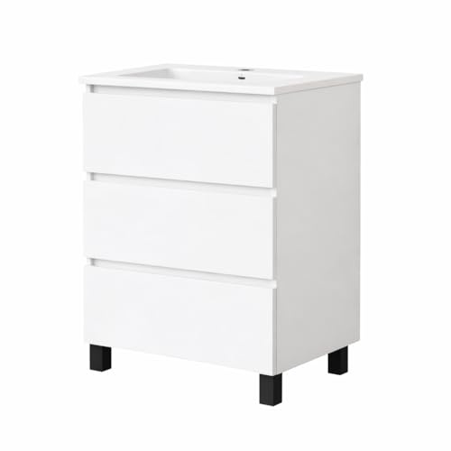 Baikal Mueble de Baño REN. 70cm Blanco. Incluye Lavabo. Entrega Montado. Mueble con Patas. 3 Cajones con Cierre Amortiguado.