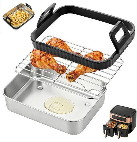 GWCYMYD Stainless Steel Air Fryer Liner Tray, Deep Baking Tin with Wire Rack & Silicone Handle, Dual Zone Roasting Pan Compatible for AF400UK AF451UK (3PCS)