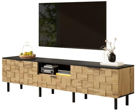 Gecheer Mobile TV a Mosaico, Mobile Basso per TV, 2 Ante con cassetto, Mobile multimediale per Soggiorno, Effetto Legno, truciolato, Piedini in Metallo, vano a Giorno