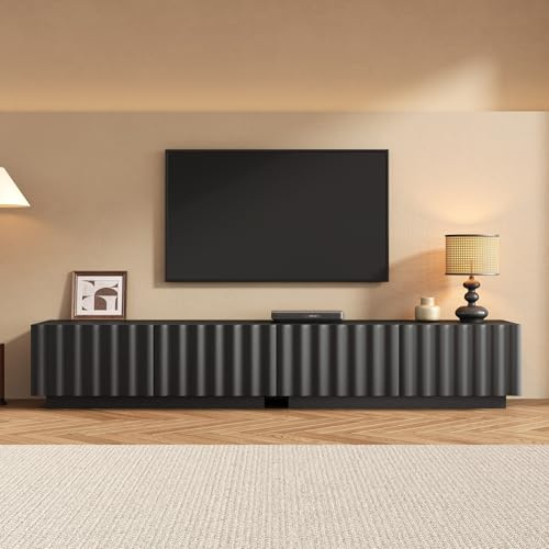 FammyLoft TV-Schrank 200cm mit 3D-Wellenfront, TV-Lowboard Stehend mit Abgerundete Kanten, Fernsehtisch mit Kabelmanagement, TV Stand, Fernsehschrank, TV-Board, TV-Kommode, Schwarz