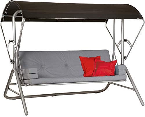 Acamp Hollywoodschaukel Star | Anthrazit | 217x145 x177 cm | Sitz und Rücken aus Streckmetall mit nanotech-Beschichtung | Rücken klappbar | Flexibles Sonnendach | wetterfest
