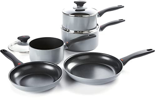 OXO Softworks Hard Anodized 5 Piece Cookware Pots and Pans Set, 3-Layered German Engineered Non-Stick Coating, Stainless Steel Soft-Touch Handle, Induction, Oven safe up to 180°C, Dishwasher Safe,Grey
