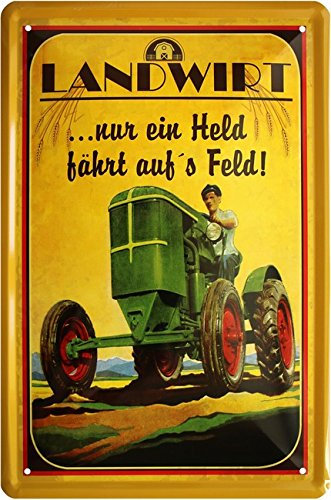 WOGEKA ART Retro Blechschild Landwirt - Nur ein Held fährt auf´s Feld Traktor Bauer witziger Spruch als Geschenk-Idee zum Geburtstag Weihnachten zur Dekoration 20x30 cm Vintage-Design aus Metall 939