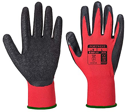 Portwest A174 Flex Latex Handschuh Elastische Bündchen Wasserdicht 13 Gauge | Rot/Schwarz, L, EN 388, EN ISO 21420 Fingerfertigkeit 5, Polyester, Atmungsaktiv, Strapazierfähig, Bau
