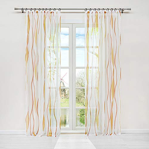 HongYa 1er-Pack Voile Gardine Transparenter Vorhang mit Kräuselband Wellen Druck H/B 245/140 cm Creme Terra