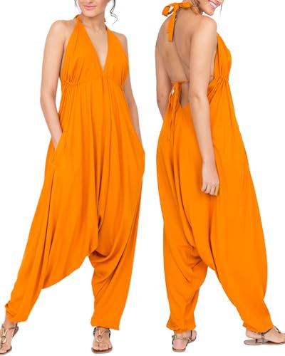 likemary Jumpsuit Damen Sommer – Luftiger Overall mit Neckholder – Einteiler mit Rückenausschnitt & Taschen – Festliches Outfit Damen für Urlaub & Alltag - Orange