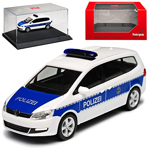 Volkwagen Sharan II Bundes Polizei Weiss 2. Generation Ab 2010 mit Sockel und Vitrine H0 1/87 Herpa Modell Auto mit individiuellem Wunschkennzeichen