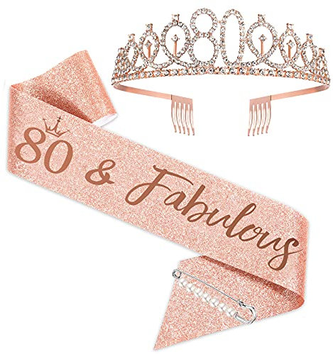 80. Geburtstag Schärpe und Tiara, Roségold Geburtstag Schärpe Krone 80 & Fabulous Schärpe und Tiara für Frauen, 80. Geburtstagsgeschenke für alles Gute zum 80. Geburtstag Party Favor Supplies