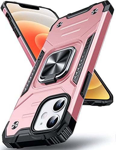 DASFOND Designed for iPhone 12 Mini Case, Military Grade Shockproof Protective Phone Case Cover with Enhanced Metal Ring Kickstand [Support Magnet Mount] for iPhone 12 Mini 5.4 inch, Rose Gold