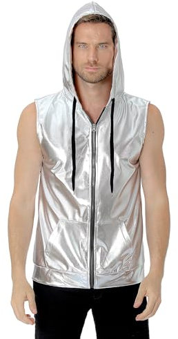 COSAVOROCK Herren 70er Jahre Disco Kostüm Metallic Hemd Pailletten Weste Hässliche Glänzend Bronzing Hoodie Silber L