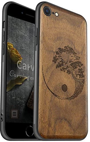 Carveit Wooden Case for iPhone SE 2022 & 2020 Case iPhone 8 Case Shockproof TPU Bumper Protective Compatible with wood Cover iPhone SE 2020/iPhone 7 Walnut Case (Yin Yang Bonsai Tree Japanese)