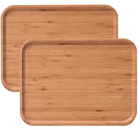 Viitech Plateau de Bambou, Grand Rectangulaire Bambou Plateau de Thé Ustensiles, Plateau Petit Déjeuner Plateau de Service Convient pour Assiette à Dessert, Assiette à Collation (2 Pcs, 40 x 30 cm)