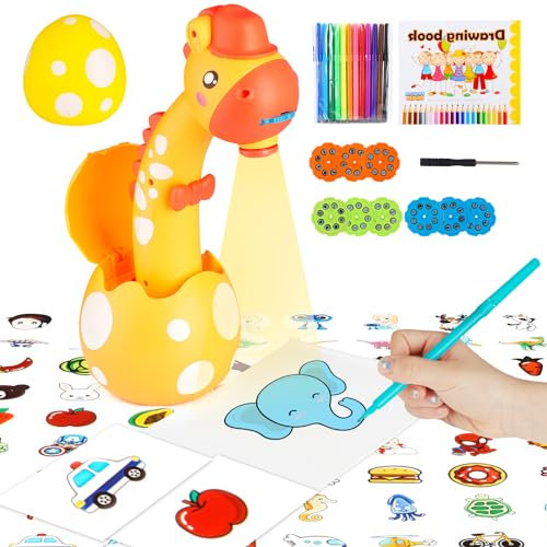 MOMSIV Kids Drawing Projector, Educational Portable Trace and Draw Projector Painting Toy Playset with Colourful 72 Patterns, 12 Markers and an Art Book for Toddler Boys and Girls Gifts, Yellow