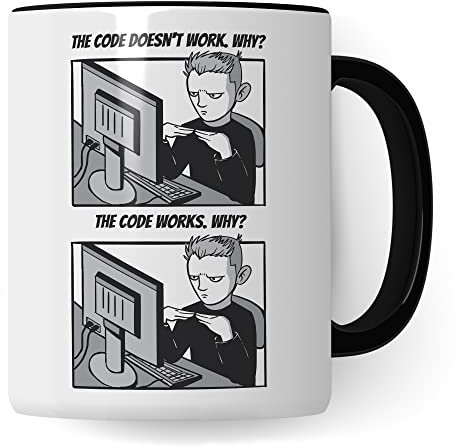 Informatik Geschenk Tasse, The Code doesn´t work - Why? Geschenkidee für Programmierer Kaffee-Becher Informatiker Programmieren Teetasse mit Spruch lustig (Weiß/Schwarz)