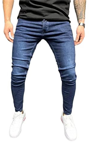 Osheoiso Herren Destroyed Jeans Biker Hose Herren Löcher Lang Jeans Denim Hose Vintage Männer Zerrissen Jeanshose Skinny Jeanshosen Bleistifthose Slim Fit B Dunkelblau L