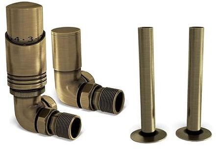 UK Radiators Antique Brass Thermostatic Radiator Valves and Corner Lockshield Valve - Brushed Finish - Classy and Modern Design 1/2 x 15mm Corner Radiator Valves - with 130mm Pipe Covers