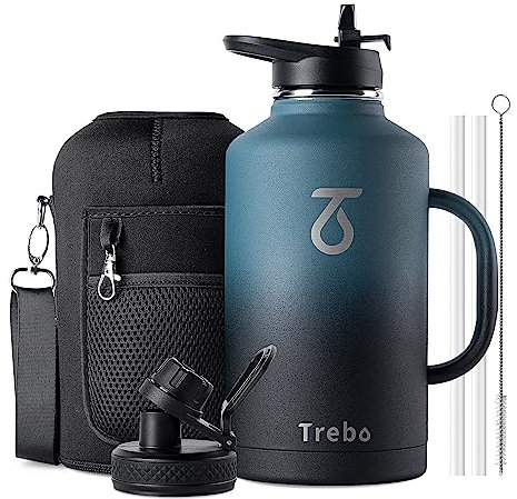 Trebo Botella de agua de 64 onzas con asa, botella grande de metal de acero inoxidable de medio galón, botella de viaje con tapa de boquilla con pajilla, taza con bolsa de transporte, mantiene el frío