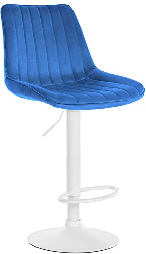 CLP Tabouret De Bar Toni en Velours I Chaise Haute De Bistrot avec Repose-Pieds Hauteur Réglable Pivotant, Couleur:Bleu, Couleur du Cadre:Blanc
